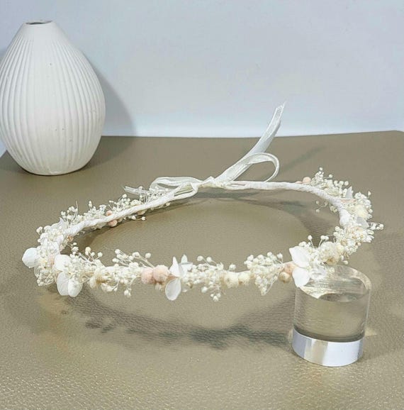 Zarter Haarkranz Trockenblumen Rosa Creme – schmal fein | Blumenkranz Haare Kommunion Hochzeit Dirndl | Schleierkraut Hortensien