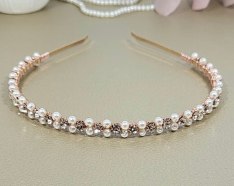 Headband rose gold bride pearls, headpiece bride, hair accessories bride, pearl band bride, headband bride, hairband communion rhinestone wedding