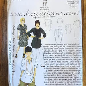 May include: A sewing pattern envelope for a Metropolitan Deneuve Tuxedo Shirt, Tunic & Shirtdress. The pattern is for advanced beginners and includes multiple sizes. The envelope features illustrations of the finished garments.
