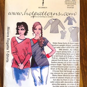 May include: A sewing pattern envelope for Riviera Regatta T-Shirts. The envelope features illustrations of two women wearing striped tops. The text includes "HP 1145", "Beginner", and "www.hotpatterns.com".