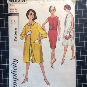 May include: Vintage sewing pattern for a dress and coat. The pattern is for size 14, bust 34. The pattern number is 4379. The pattern is from Simplicity.