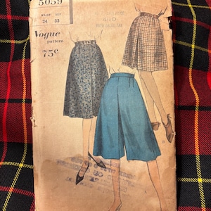 May include: A vintage Vogue pattern envelope, number 5059, featuring illustrations of three skirt and culotte styles. The tan paper envelope displays the text 5059, Vogue pattern, 75c, waist 24, and hip 33, with detailed sketches of garments.