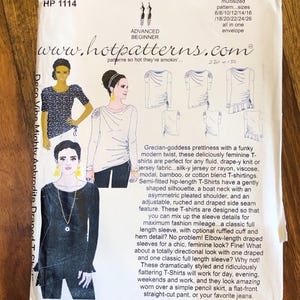 May include: A sewing pattern for a draped T-shirt with a boat neck and a ruched side seam. The pattern is for sizes 6-26 and is available on www.hotpatterns.com. The pattern is called "Deco Vibe Mighty Aphrodite Draped T-Shirt".