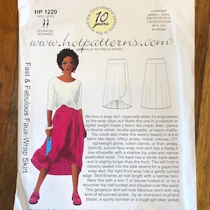 May include: A sewing pattern for a faux-wrap skirt. The pattern is for sizes 6-26 and includes instructions for making a skirt with a flared A-line silhouette, a shallow hip yoke, and a narrow elasticated waist. The pattern also includes instructions for making a skirt with a gently curved edge and a narrow hem. The pattern is from HotPatterns.com and is copyright 2005-2017.