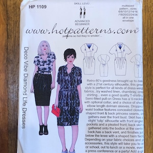 May include: A sewing pattern for a dress with a V-neckline, short sleeves, and a gathered skirt. The pattern is called "Deco Vibe Diamond Life Dresses" and is from the website "www.hotpatterns.com".