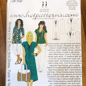 May include: Sewing pattern for a knit dress, tunic, and top. The pattern is multi-sized and includes instructions for sizes 6-26. The pattern is from Hot Patterns and features a cool-girl style with a V-neckline and a ruched detail. The pattern is available in a single envelope.