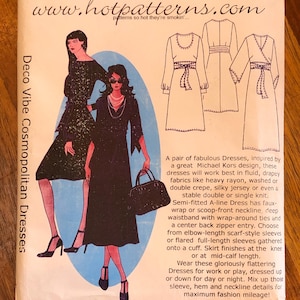 May include: A sewing pattern for two dresses, inspired by Michael Kors. The pattern includes instructions for a semi-fitted A-line dress with a faux-wrap or scoop-front neckline, deep waistband, and wrap-around ties. The pattern also includes instructions for a center back zipper entry, elbow-length scarf-style sleeves, or flared full-length sleeves gathered onto a cuff. The skirt finishes at the knee or at mid-calf length. The pattern is for sizes 6-8-10-12-14-16-18-20-22-24-26. The pattern is from www.hotpatterns.com.