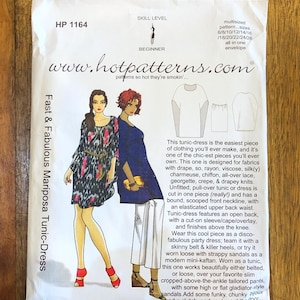May include: A sewing pattern for a tunic dress with a scoop neckline and an open back. The pattern is called "Fast & Fabulous Mariposa Tunic-Dress" and is from the website www.hotpatterns.com. The pattern is for sizes 6-26.