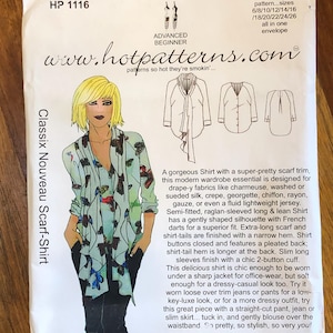 May include: A sewing pattern for a scarf-style shirt with a long, flowing scarf and a pleated back. The pattern is for sizes 6-26 and is available in one envelope. The pattern is from www.hotpatterns.com and is called "Classix Nouveau Scarf-Shirt".
