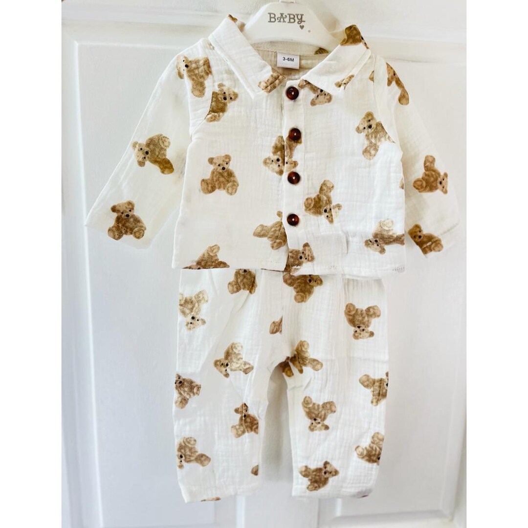 Baby Boys Cotton Pyjamas, Cute Bear Design, Set Long Sleeve Top & Pants