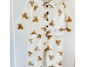 Baby Boys Cotton Pyjamas, Cute Bear Design, Set Long Sleeve Top & Pants Outfit, Kids Loungewear, Baby Girl Pyjamas, Unisex Pyjamas