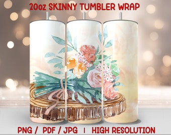 May include: A 20oz skinny tumbler wrap featuring a watercolor floral design. The design includes a bouquet of orange, pink, and white flowers with green foliage. The text "20oz SKINNY TUMBLER WRAP" is at the top. The bottom text reads "PNG / PDF / JPG | HIGH RESOLUTION".