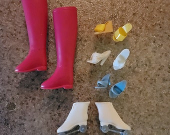 Barbie vintage shoe lot, wedges, roller skates, squishy boots, heels, all from 1960 to 1970