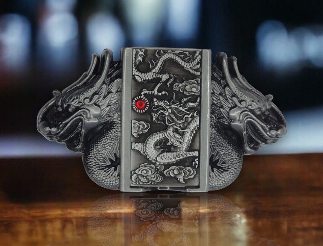 Dual Dragons Silver Lighter Belt Buckle Push Button Lighter Holder