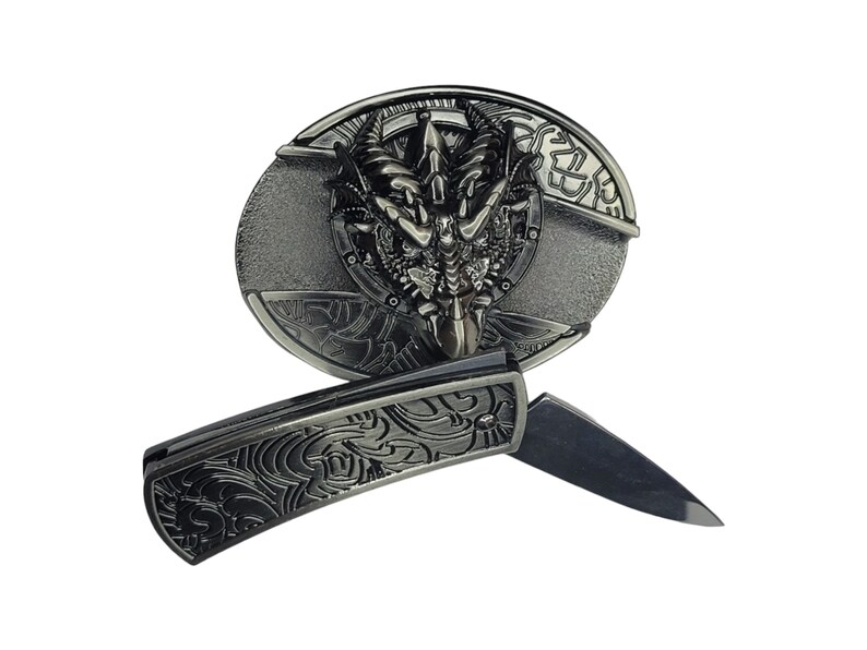 Dragon Head Concealed Knife Belt Buckle With Antique Silver Finish Punk ...