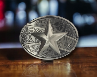 Lone Star Belt Buckle With Folding Knife Pewter Finish Western  - Native American Western Cowboy Rodeo Belt Buckle - Free Personalization