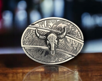 Western Style Cattle Skull Folding Knife Belt Buckle with Antique Silver Finish - Free Personalized Engraving - Cowboy Cowgirl Belt Buckle