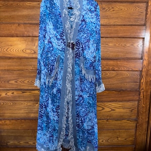 Blue/Purple Floral Patterned Duster Style Robe with Denim Fringe