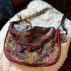 Brown Leather and Needlepoint Crossbody Duffle Bag