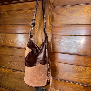 Brown Leather Large Crossbody Bucket Bag with Suede Accents