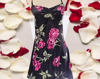 Black Velvet midi Dress with purple Roses