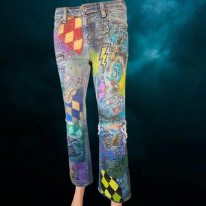 Harry Potter Tribute Hand-Painted Jeans | One-of-a-Kind Wearable Art | Custom Magical Denim