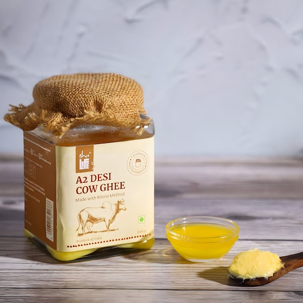 Pure A2 Desi Cow Ghee(500gm). Made traditionally from curd. Made from grass-fed free grazing desi cows' milk.