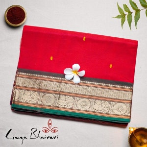 Handwoven Consecrated Simple Red Saree with Scattered Floral Embroidery