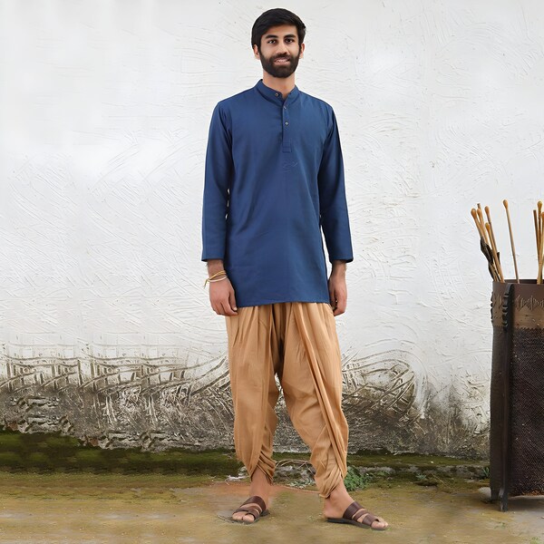 Men’s 100% organic cotton kurta with embroidered (Navy) "Aum". Long sleeved short kurta. Relaxed fit. GOTS Certified