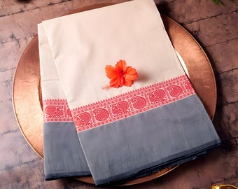 Isha White Saree with Slate Grey Border and Red Paisley Motif