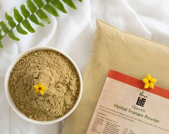 Ojasvini traditional herbal snanam powder. Isha’s unique Siddha formulation. Natural bath powder. Cleansing and rejuvenating.