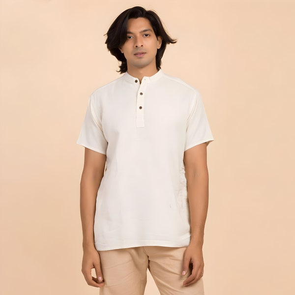 Men’s 100% organic cotton kurta with embroidered (Off - White) "Aum". Short sleeved short kurta. Relaxed fit. GOTS Certified