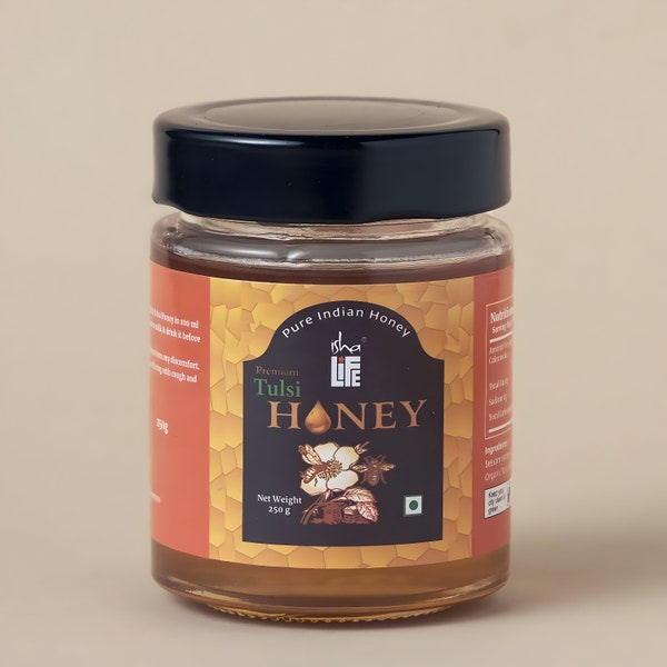 Tulsi Honey (250gm). Processed and filtered. Honey mixed with Tulsi extracts. High in medicinal value. Suggested for cold related symptoms.