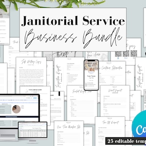 May include: A collection of 25 editable templates for a janitorial service business. The templates are designed in a minimalist style with black text on a white background. The templates include forms for customer information, job history, inspection reports, time off requests, and more. The templates are designed to be used with Canva.