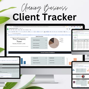Puede incluir: Una captura de pantalla de una pantalla de computadora que muestra una hoja de cálculo con el título "Cleaning Service CRM". La hoja de cálculo se utiliza para realizar un seguimiento de los clientes de las empresas de limpieza. La hoja de cálculo incluye una descripción general rápida del total de clientes, los clientes actuales, los clientes potenciales y los clientes anteriores. La hoja de cálculo también incluye un desglose de los clientes actuales por tipo, incluidos los comerciales, las oficinas profesionales, los residenciales, las viviendas principales y las casas de vacaciones.