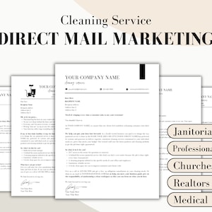 May include: A black and white direct mail marketing template for a cleaning service. The template includes a letter with the company name, address, phone number, and website. The letter also includes a list of services offered, such as janitorial, professional offices, churches, realtors, and medical.