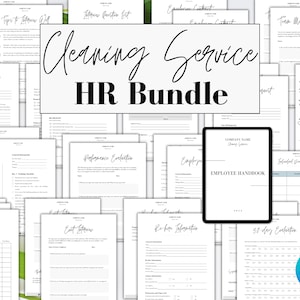 May include: A collection of printable HR documents for a cleaning service business. The documents include a performance evaluation, employee handbook, interview questions, and more. The documents are in black and white with a simple design.