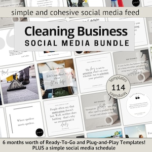 May include: A collage of images promoting a cleaning business social media bundle. The images feature cleaning supplies, plants, and quotes about cleaning. The text "Cleaning Business Social Media Bundle" is displayed in large, bold letters. The text "114 Templates" is displayed in a circle.