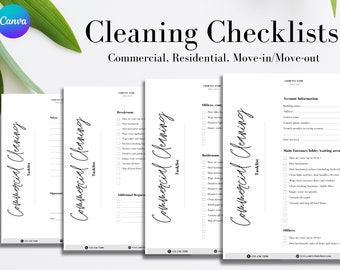 May include: Four printable cleaning checklists for commercial and residential spaces. The checklists include sections for breakrooms, bathrooms, offices, and main entrance areas. Each checklist has a title, company name, and space for additional requests.
