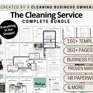 May include: A collage of images showcasing a cleaning service business bundle. The bundle includes over 150 templates, 350 pages, business forms, proven marketing materials, HR paperwork, and more. The text "The Cleaning Service Complete Bundle" is featured in a large font at the top of the image.
