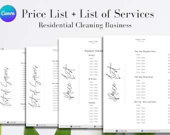 Puede incluir: Una lista de precios y una lista de servicios imprimibles para un negocio de limpieza residencial. El documento incluye una lista de servicios, una lista de precios y una sección de servicio de limpieza programado regularmente. El documento está diseñado para ser impreso y utilizado por un negocio de limpieza.