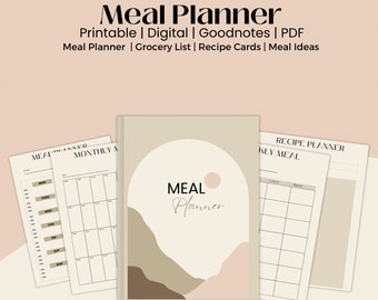 May include: A printable meal planner with a minimalist design featuring a brown and pink mountain landscape. The planner includes a monthly meal calendar, a weekly meal planner, and recipe cards. The text "Meal Planner" is written in a cursive font.
