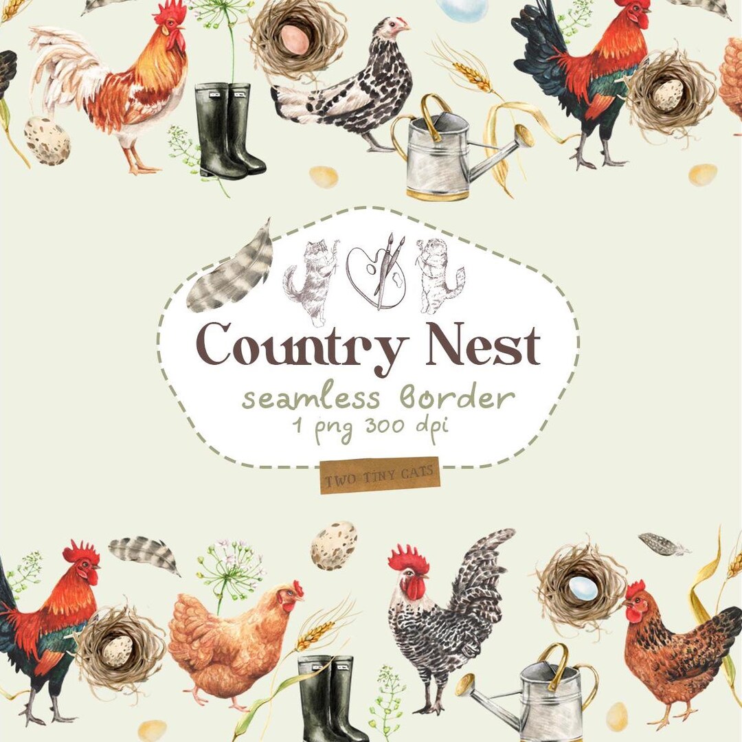 Chicken Borders Watercolor Seamless Chicken Wildflowers Border Pattern Roosters Hens ...