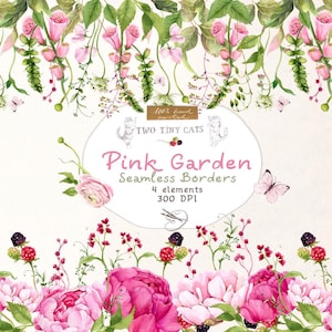 Clipart de acuarela de jardín rosa, peonías ruborizadas, flores, bordes sin costuras, marco de boda, invitación, sublimación PNG, clipart floral digital PNG