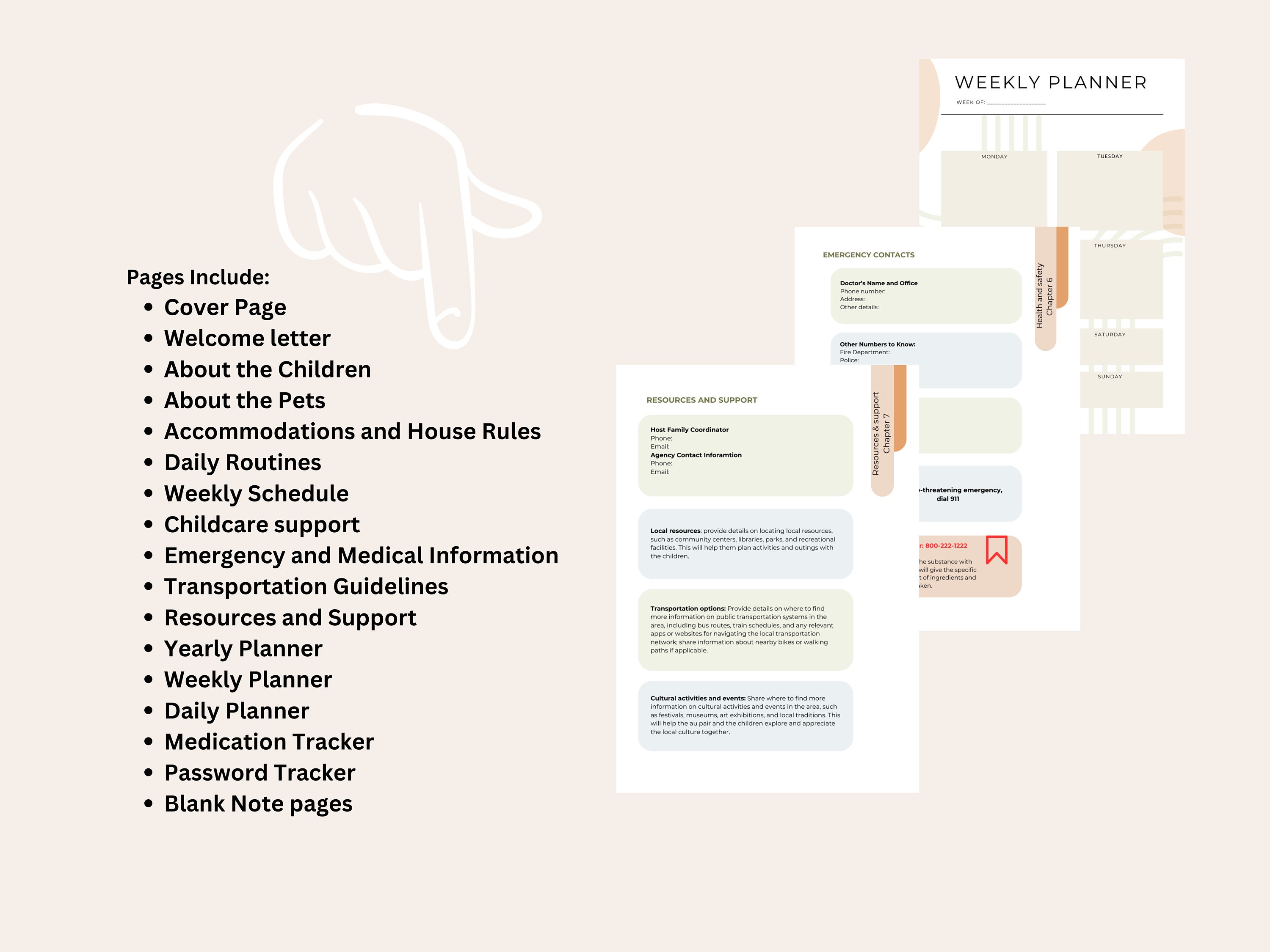 Au Pair Host Family and Childcare Handbook / Editable Template / Digital Schedule / Emergency