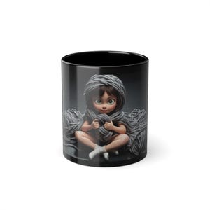 Black Vintage Style Crochet Motif Coffee Mug with Sassy Knitting Design, Gift for Crocheters, Fun Mug