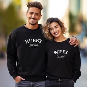 Personalized Hubby Wifey Sweats, Engagement Gift, Bride Groom sweats, Honeymoon Outfit, Custom Wedding Gift, Sizes to 3X,