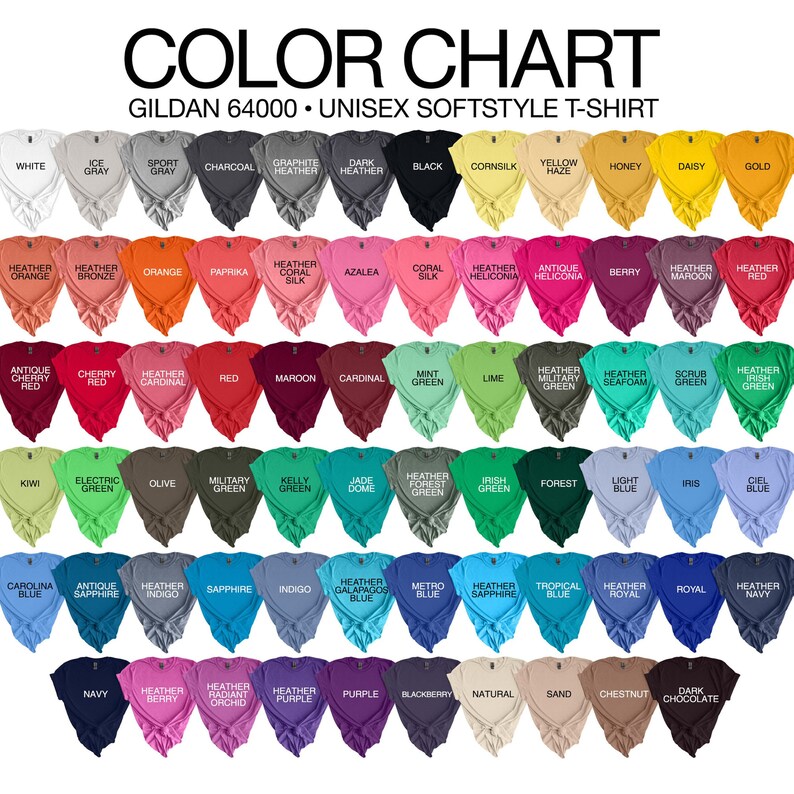 May include: Color chart showing 60 different t-shirt colors available in Gildan 64000 Unisex Softstyle T-Shirt. The colors are arranged in rows and columns, with each color represented by a folded t-shirt.