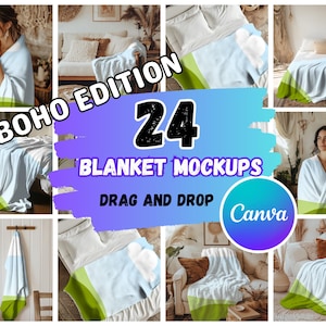 24 makiety koców boho dla Canva | Tabela rozmiarów koców | Przeciągnij i upuść w Canva | Szablon Canva | Pakiet makiet | Koc welurowy