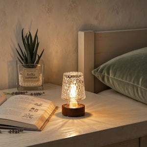 May include: A small table lamp with a cylindrical wooden base and a clear, faceted glass shade that emits a warm glow. The lamp sits next to an open book and a square glass planter containing a green succulent and white pebbles.